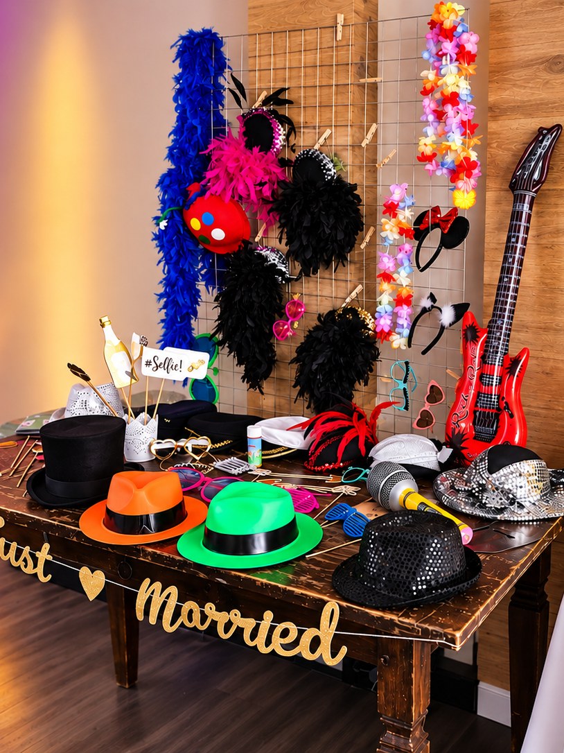 Fotobox-Requisiten an einer Gitterwand und auf einem Holztisch: Hüte, Federboas, Hawaiiketten und aufblasbare Gitarre