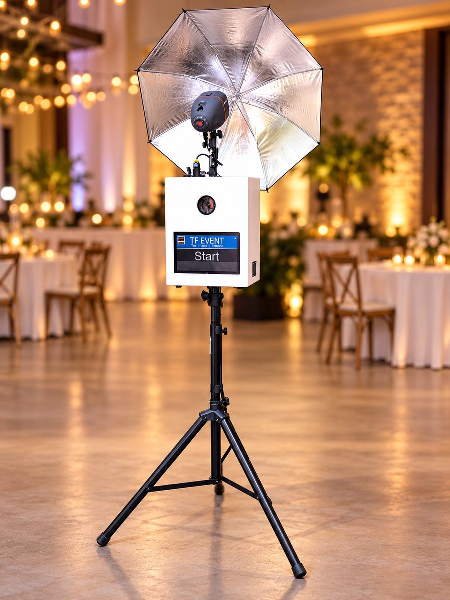 Weiße TF-Event-Fotobox mit Spiegelreflexkamera, Startbildschirm und Studioblitz mit Schirm auf einem Stativ in einem festlich beleuchteten Saal (Hintergrund KI-generiert)