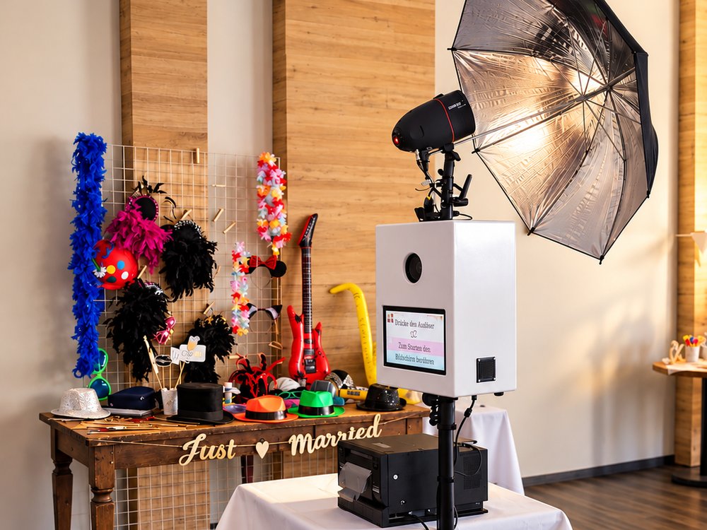 TF-Event-Fotobox mit Studioblitz und Schirm, daneben eine Requisitenwand mit Federboas, Hüten, aufblasbarer Gitarre und Just-Married-Girlande